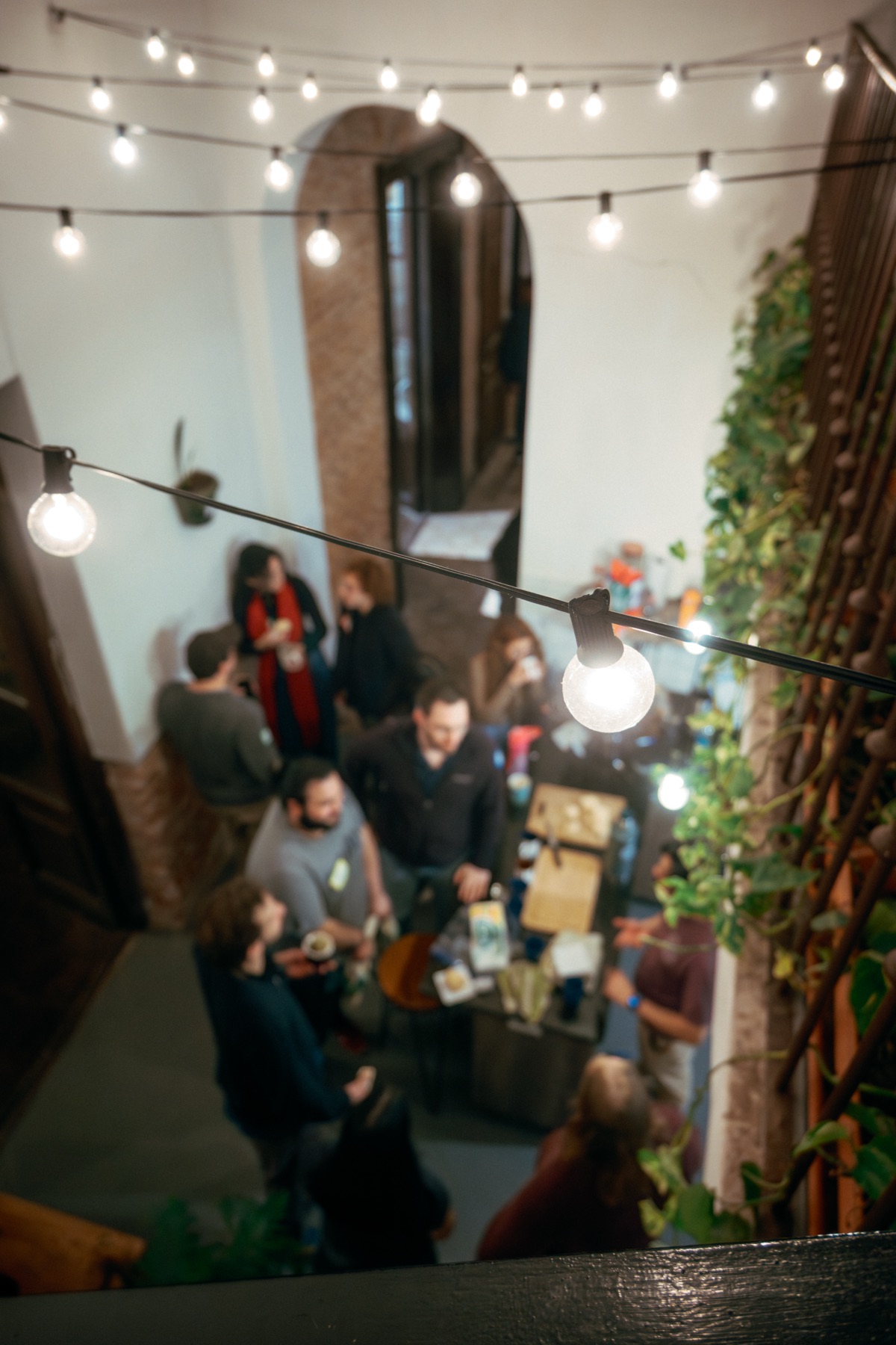 El patio de la casa lleno de gente bajo una guirnalda de luces